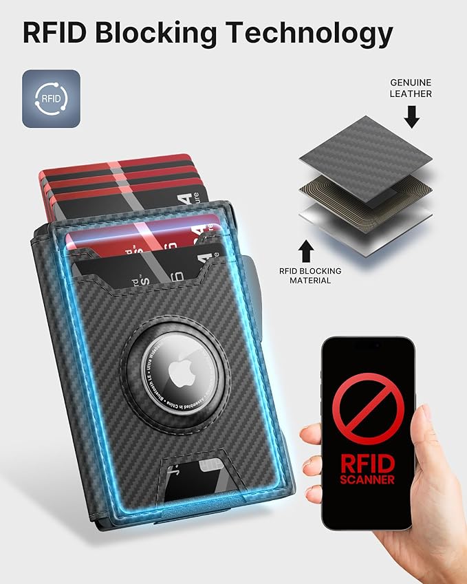 typecase AirTag Wallet for Men: Compatible with Apple AirTag (1st & 2nd Generation), RFID Blocking, Genuine Leather, Slim & Minimalist Design,13 Cards Capacitiy | ID Window | Money Clip (Carbon Fiber)