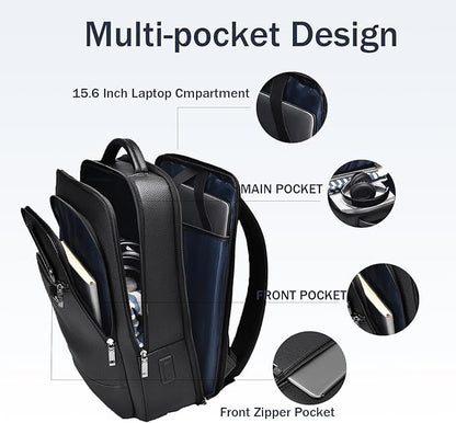CHAO RAN Leather Laptop Backpack for Men Fit 15.6 Inch Laptop, Business Work Office College Medium Backpack with USB Charging Port, Waterproof Black Travel Bag (Black03)