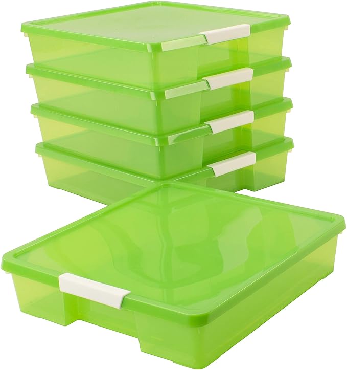 Storex Classroom Craft Project Box – Stacking Plastic Organizer Fits 12x12 Scrapbooking Paper, Green, 5-Pack (63207U05C)