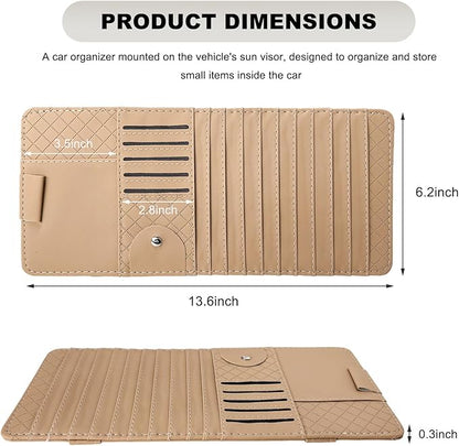 Sun Visor CD Case Holder for Car, Leather Auto Visor DVD Storage Case with Card Slots & Pen Holder, Multi-Pocket Large Capacity CD Layered Organizer for Most Vehicles (Beige)