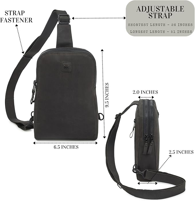 Leather Sling Bag for Women Genuine Crossbody Purse Small Trendy Cross Over Chest Phone and Credit Card Slots (Black Crazy Horse)