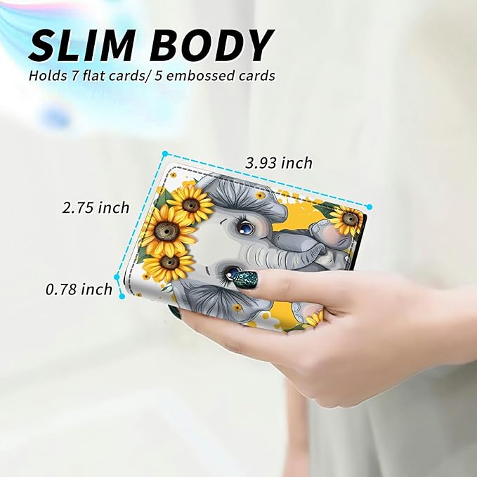 Sunflower Elephant Minimalist Wallet for Men, Pop Up Card Case Wallet for Women, PU Leather Automatic Credit Card Holder Metal Money Clip Wallet RFID Blocking Bifold Pocket Wallet