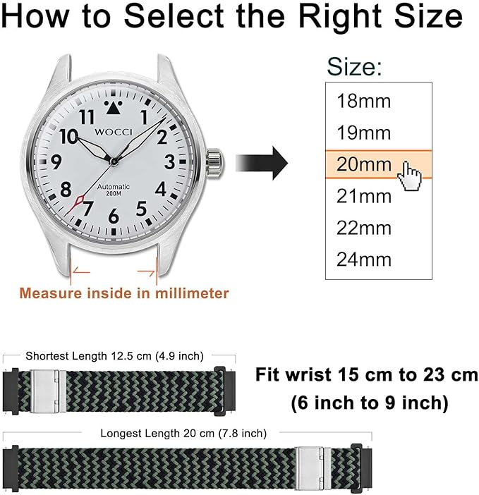 WOCCI 19mm Braided Nylon Watch Band for Men and Women, Quick Release, Silver Stainless Steel Buckle (Green Black)