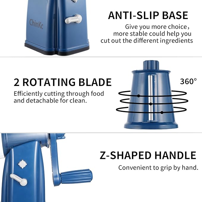Upgrade Rotary Cheese Grater Shredder with Handle, Strong Suction Base, Multi-purpose Rotary Grater Slicer with 5 Interchangeable Blades for Ice, Vegetables, Fruit, Nuts with Blade Storage Box