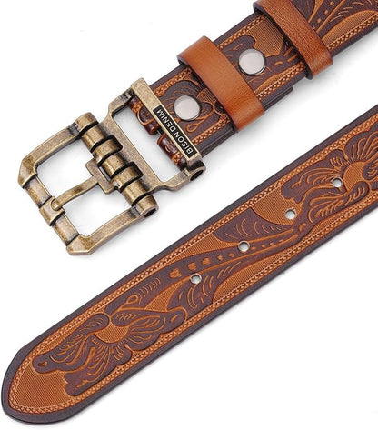 BISON DENIM Men's Genuine Leather Casual Belt, Classic Western Cowboy Dress Belts