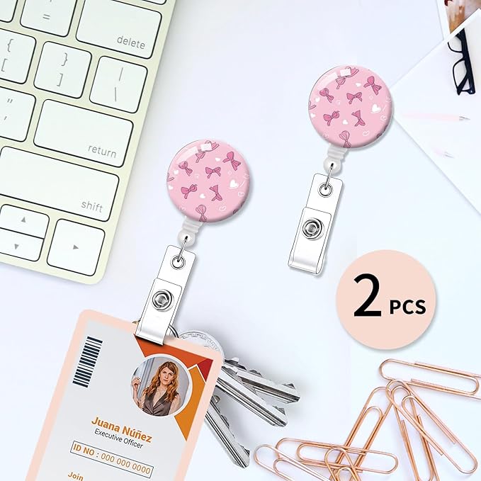2 Pack Badge Reels Holder Retractable with ID Clip for Nurse Name Tag Card Nursing for Doctor Teacher Student Employee Office Medical Work (Pink Bows and Hearts)