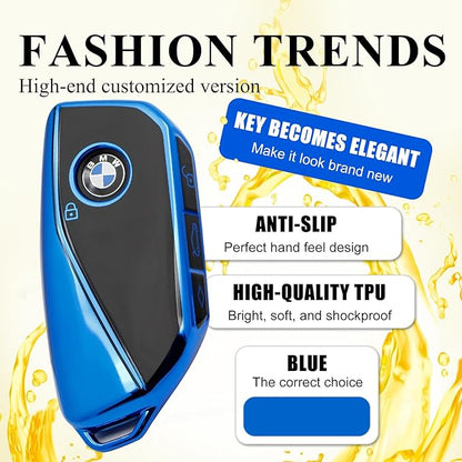 Creativity Advanced soft TPU key Cover Suitable for BMW 2023-2026 New 5 7 Series iX XM IX3 i7 X1 X5 X6 X7 key (Blue Combination)
