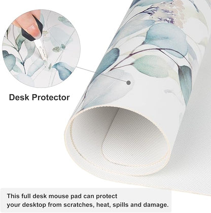 QiyI Large Mouse Pad, Cute Green Leaves Desk Mat for Desktop, Women Girls Office Décor Desk Accessories, PU Leather Waterproof Gaming Mousepad, Eucalyptus Leaf Desk Pad Computer Mat, 31.5" x 11.8"