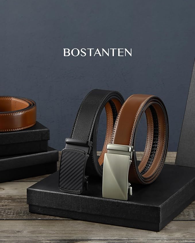 BOSTANTEN Ratchet Leather Belt For Men 2 Pack Dress and Casual with Adjustable Buckle, Trim to Fit