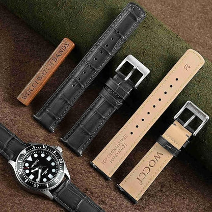 WOCCI Watch Bands, Top Grain Leather, Embossed Alligator Grain, Quick Release, Band Width 18mm 20mm 22mm
