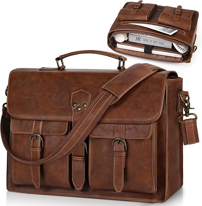 RAINSMORE Messenger Bag for Men 18 Inch Vintage Leather Laptop Briefcase Large Laptop Bag Waterproof Computer Satchel for Office Work Travel College, Brown