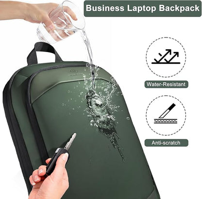 Business Backpack 17 Inch Slim Expandable Waterproof Travel Laptop Backpacks with USB Charger Port Anti-Theft Lightweight Large Work Computer Bag College Laptop Backpacks Gifts for Men Women, Green