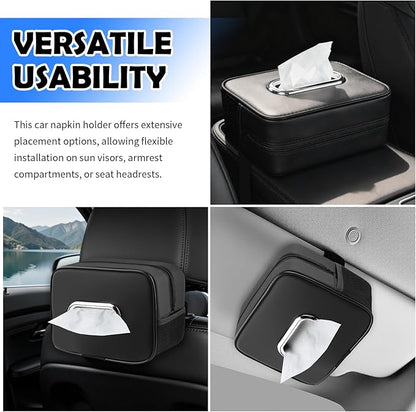 Leather Car Tissue Holder,Upgraded Large Capacity Car Tissue Box Cover with Side Mesh Pockets & Zipper,Foldable Tissues Holder in Cars for Sun Visor & Headrest Organizer