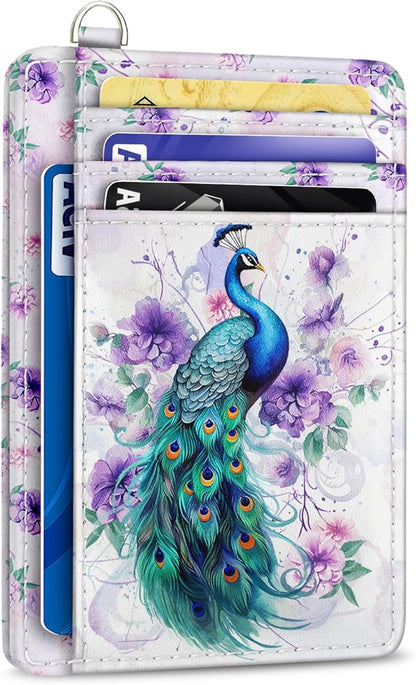 Yonlevres Credit Card Holder Slim Wallet, Peacock RFID Wallet Women Front Pocket Small Card Holder, Cute Travel Thin RFID Blocking Card Organizer Card Case ID Window PU Leather Girl Ladies