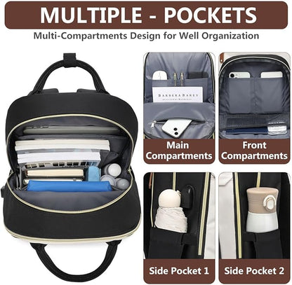 Laptop Backpack for Women College Bookbag - 17.3 Inch Fashion Travel Work Bag with USB Charger Anti-theft Business Backpacks for Nurse Teacher Beige Black Brown