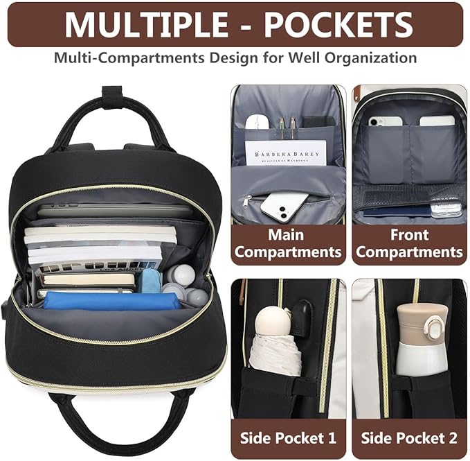 Laptop Backpack for Women Work Bookbag: 18 Inch College Backpacks with USB Charger School Book Bag Waterproof Travel Back Pack Anti-Theft Casual Bookbags for Girls Teacher Nurse Beige Black Brown