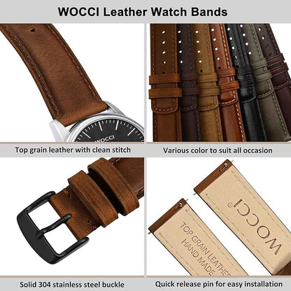 WOCCI Quick Release Watch Band, Distressed Genuine Leather, Stainless Steel Buckle, Strap Width 18mm 19mm 20mm 22mm 24mm
