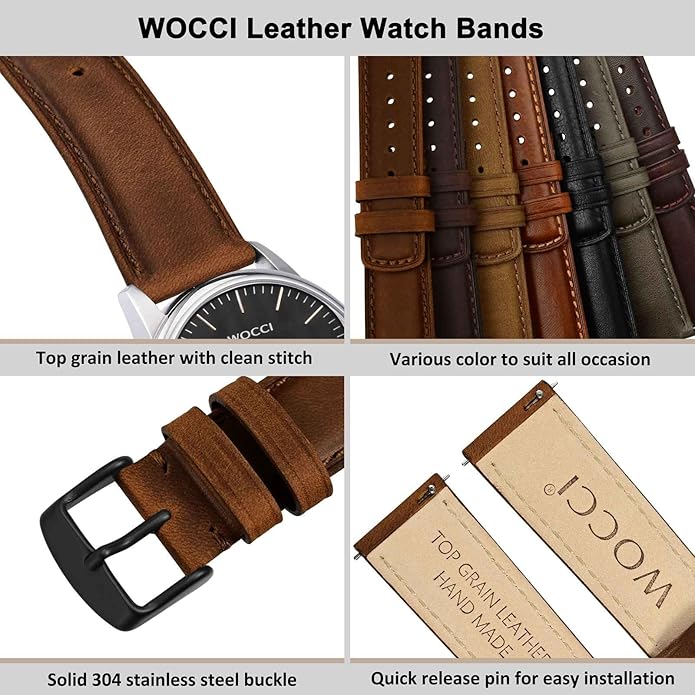 WOCCI Quick Release Watch Band, Distressed Genuine Leather, Stainless Steel Buckle, Strap Width 18mm 19mm 20mm 22mm 24mm