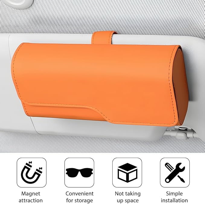 Zpana Sunglass Holder for Car Visor, Leather Auto Eyeglasses Sun Visor Organizer Case with Hidden Magnetic Closure, Auto Protective Glasses Storage Box, Universal for SUV RV Truck (Orange)