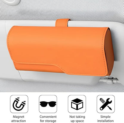 Zpana Sunglass Holder for Car Visor, Leather Auto Eyeglasses Sun Visor Organizer Case with Hidden Magnetic Closure, Auto Protective Glasses Storage Box, Universal for SUV RV Truck (Orange)