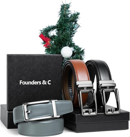 Founders & C Men's Leather Ratchet Comfort Click Belt Dress with Slide Buckle -Adjustable Trim to Fit
