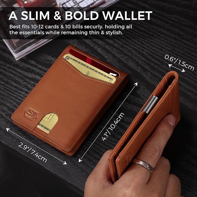 Zitahli Genuine Leather Wallet for Men 12 Card Slim Mens Wallets Bifold RFID Blocking with Money Clip & ID Window Thin Minimalist Card Holder Wallet with Gift Box