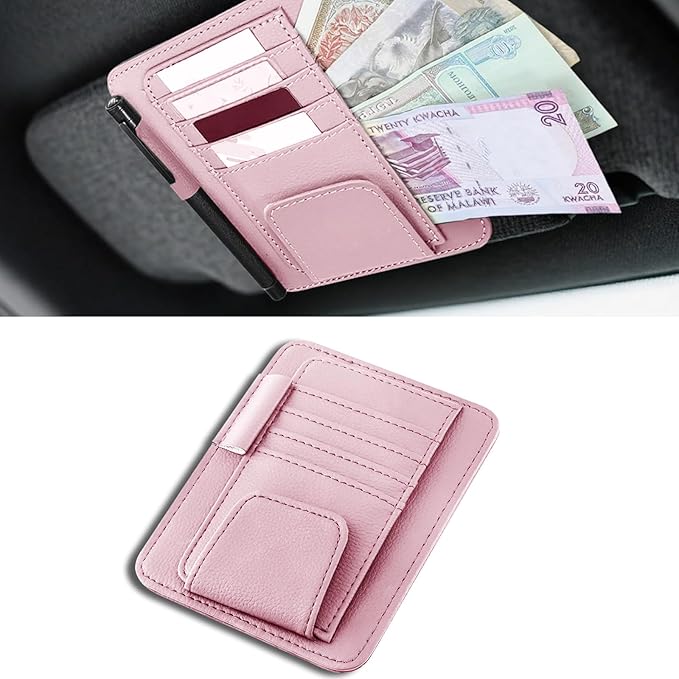 Car Sun Visor Organizer, Multifunctional Auto Visor Document Holder with Sunglasses Clip, Universal Car Interior Accessories Organizer for Drving License, Card, Pen (Pink)