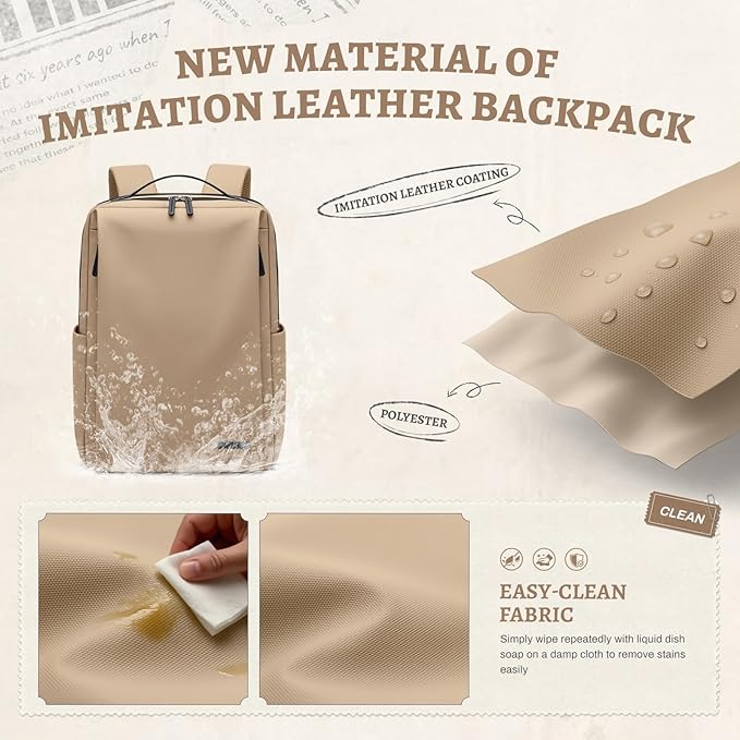 GOLF SUPAGS Imitation Leather Backpack for Women Men Multi-Functional Water-Resistant Casual Daypack for Work, Travel & College Fits 15.6 Inch Laptop (Gravel Brown)