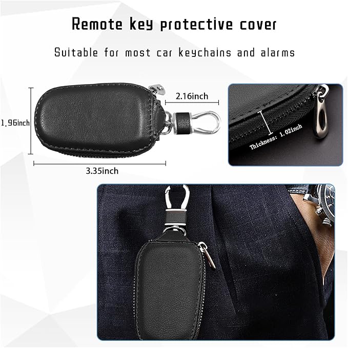 Car Key Case, Genuine Leather Auto Key Fob Cover Case, Key Fob Protector with Metal Hook, Car Smart Keychain Holder (Black)