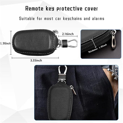 Car Key Case, Genuine Leather Auto Key Fob Cover Case, Key Fob Protector with Metal Hook, Car Smart Keychain Holder (Black)