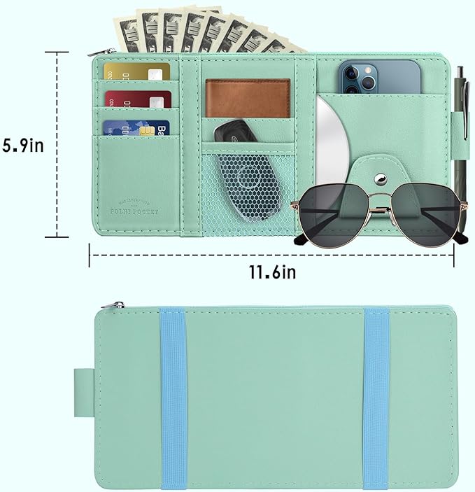 Car Sun Visor Organizer, Leather Pocket Organizer Sunglass Holder for Car Interior Accessories with Multi-Pocket Net Zipper