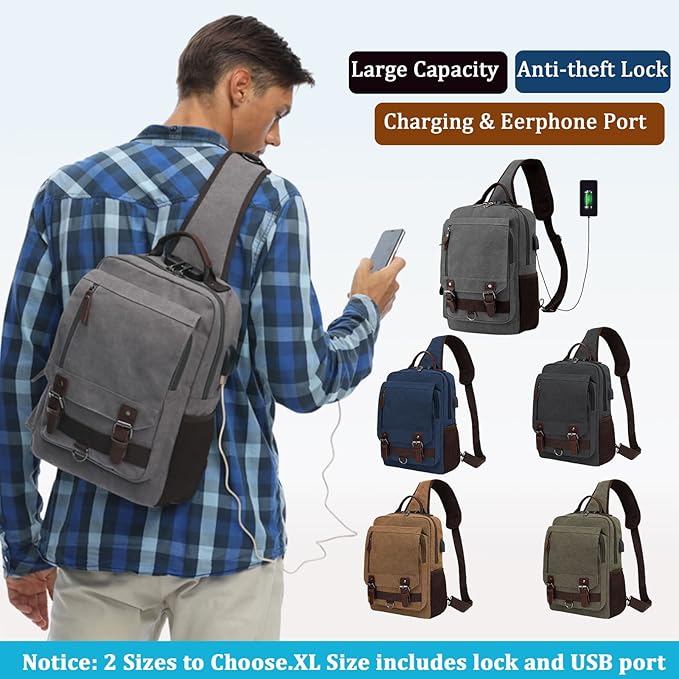 BASICPOWER Laptop Sling Bag for Men Women, Sling Backpack Crossbody Bag Fits 14 inch Computer with USB Port Anti-theft