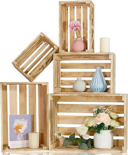Wooden Crates for Display 5 Pack Wood Storage Crate for Home Rustic Nested Crates with Handles, Farmhouse Wooden Basket for Storage Container and Decorations XL
