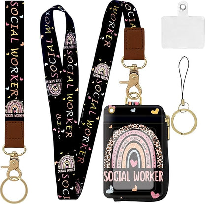 2-in-1 ID Badge Holder & Lanyard Wallet,Multi Use Womens Small Wallet with Zipper Pocket for Women Men with Wristlet and Neck Lanyard 5 Card Slots Work Essential (Social Worker)