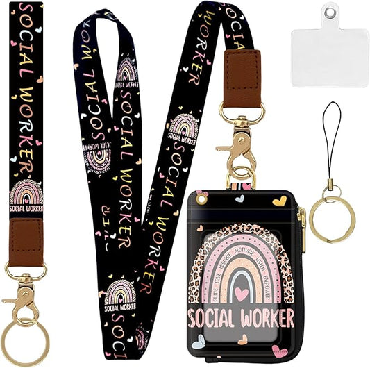 2-in-1 ID Badge Holder & Lanyard Wallet,Multi Use Womens Small Wallet with Zipper Pocket for Women Men with Wristlet and Neck Lanyard 5 Card Slots Work Essential (Social Worker)