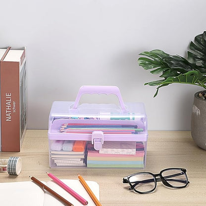 BTSKY Multipurpose Plastic Craft Storage Containers with Removable Tray, Clear Plastic Storage Box with Lid & Handle, Easy Carry & Stack Small Storage Container, 8.5x5x4.9 Inch, Rectangle-Purple