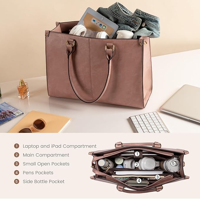 LOVEVOOK Laptop Tote Bag for Women, 15.6 Inch Large Capacity Vintage Leather Work Computer Bag, Business Casual Shoulder Handbag, Lotus Pink