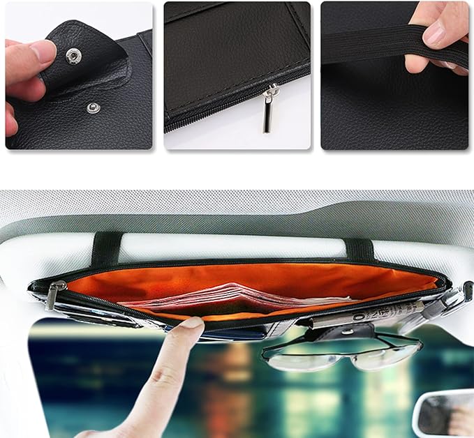 2 Packs Car Sun Visor Multi-Pocket Organizer for SUV & Truck, Auto Visor Storage Pouch with Big Zipper Pocket, Card Sleeve, Driving License, Insurance, Sunglasses, Pen, Key, Lipstick