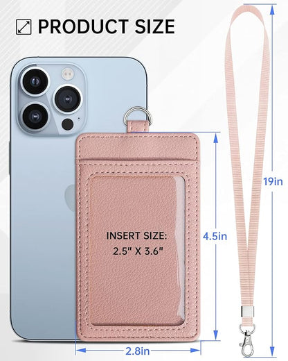 Teskyer Badge Holder with Lanyard, Leather ID Name Badge Card Holder with Lanyard for ID Badges, Vertical, Lychee Pattern Dark Pink