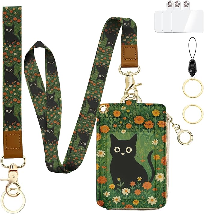 bolimoss Black Cat Lanyard Wallet with ID Badge Holder Cute Daisy Small Zipper Credit Card Holders with Breakaway Wristlet & Neck Lanyard, RFID Leather ID Name Badg for Teacher Nurse Women Work