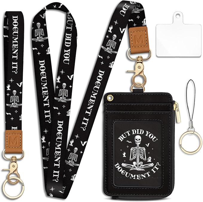 Piefly Goth Skeleton Lanyard Wallet with ID Badge Holder, Small RFID Wallet Women Keychain Wristlet, Slim Credit Card Holder with Zipper Pocket Phone Lanyard Wrist Strap Name Tag Office Teacher Gift