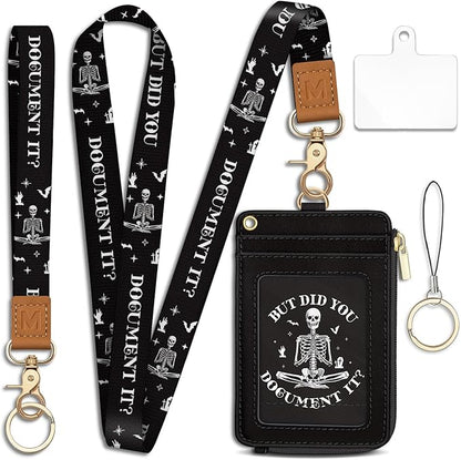 Piefly Goth Skeleton Lanyard Wallet with ID Badge Holder, Small RFID Wallet Women Keychain Wristlet, Slim Credit Card Holder with Zipper Pocket Phone Lanyard Wrist Strap Name Tag Office Teacher Gift
