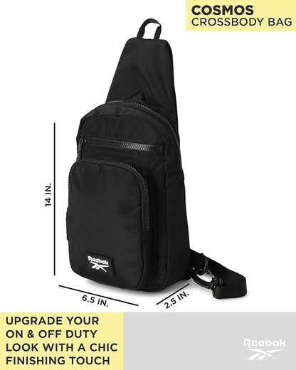 Reebok Unisex Crossbody Sling Bags – Compact Convertible Strap Cross Body Bag Travel Sling Bag - Gym & Travel Essential, Cosmos Black With White Logo