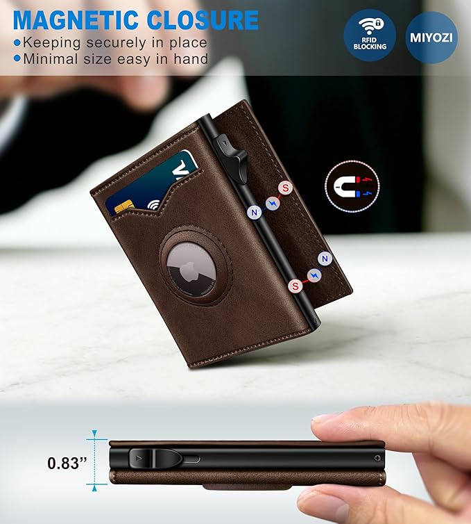 miyozi Airtag Wallet for Men,with Cash Pocket 2 ID Window 9-12 Cards,Metal Case Smart Slim Pop Up Credit Card Holder Flip with Magnetic Closure RFID Blocking Trifold wallet with Gift Box