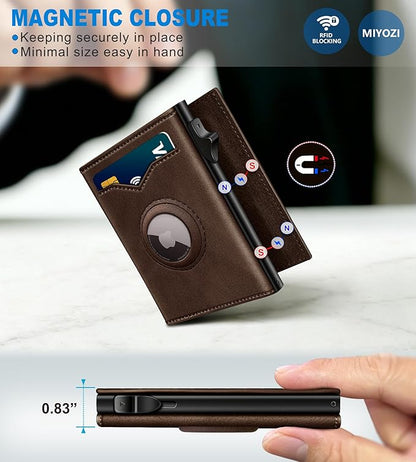 miyozi Airtag Wallet for Men,with Cash Pocket 2 ID Window 9-12 Cards,Metal Case Smart Slim Pop Up Credit Card Holder Flip with Magnetic Closure RFID Blocking Trifold wallet with Gift Box