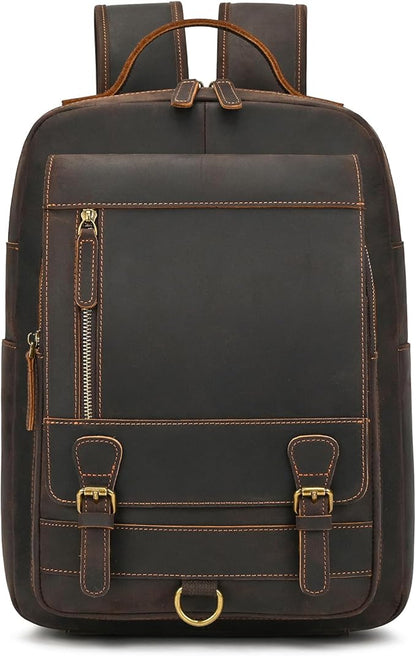 Vintage Full Grain Leather Backpack for Men, 16" Laptop Rucksack For Men Hiking Trave Work Business Bag, 1829 Dark Brown