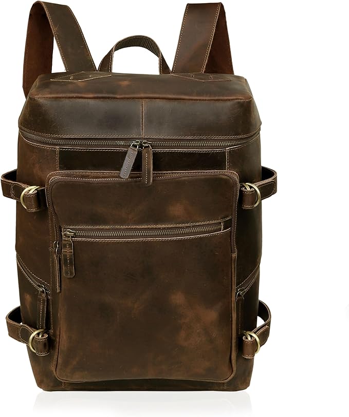 HLC Leather Backpack Genuine Laptop Rucksack For Men Women Genuine Large Capacity Business Retro Travel Camping Daypack Bag (Brown)