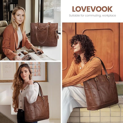 LOVEVOOK Laptop Tote Bag for Women,Vintage Leather Work Tote Bag for Women Computer Briefcase Bag,Waterproof Teacher Business