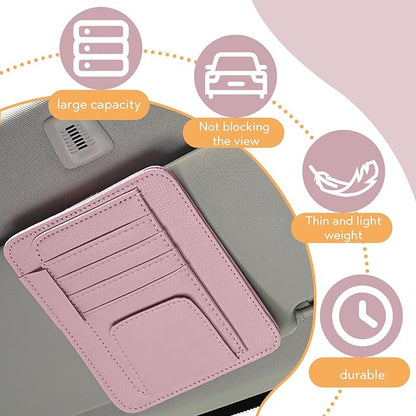 Car Sun Visor Organizer, Multifunctional Auto Visor Document Holder with Sunglasses Clip, Universal Car Interior Accessories Organizer for Drving License, Card, Pen (Pink)