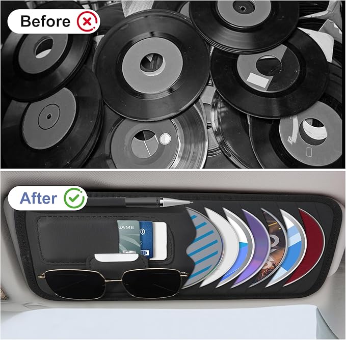 Black Car CD Holder, Leather Car Visor Organizer Sun Visor Case Holders Multi-Function DVD Vehicle Visors Storage Organizer Cars Visors Holders with Storage, Eyeglassclip, Card Slots & Pen